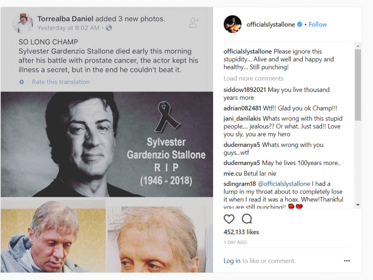 Sylvester Stallone paneigia gandus apie savo mirtį. Fake news