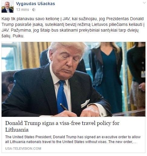 V. Ušackas dalinasi Fake news savo Facebook sienoje
